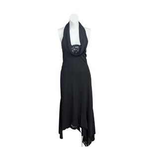Vintage Cache Y2K A-symmetrical Halter Midi Dress Black Lace Flowy Size 10